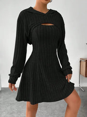 Women's Two-piece Set Dresses New Fashion Fall Winter Hooded Shawl Long-sleeved Vest Short Skirt - kinko