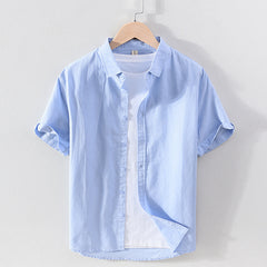 Men's Linen Short-sleeved Shirt Square Collar Casual Cotton And Linen - kinko