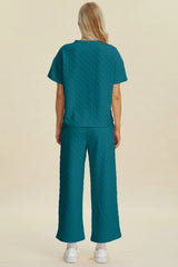 Double Take Full Size Texture Round Neck Short Sleeve Top and Pants Set - kinko