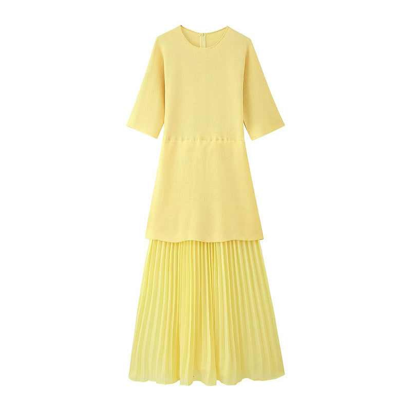 Fashionable Elegant Brown Patchwork Pleated Dress - kinko