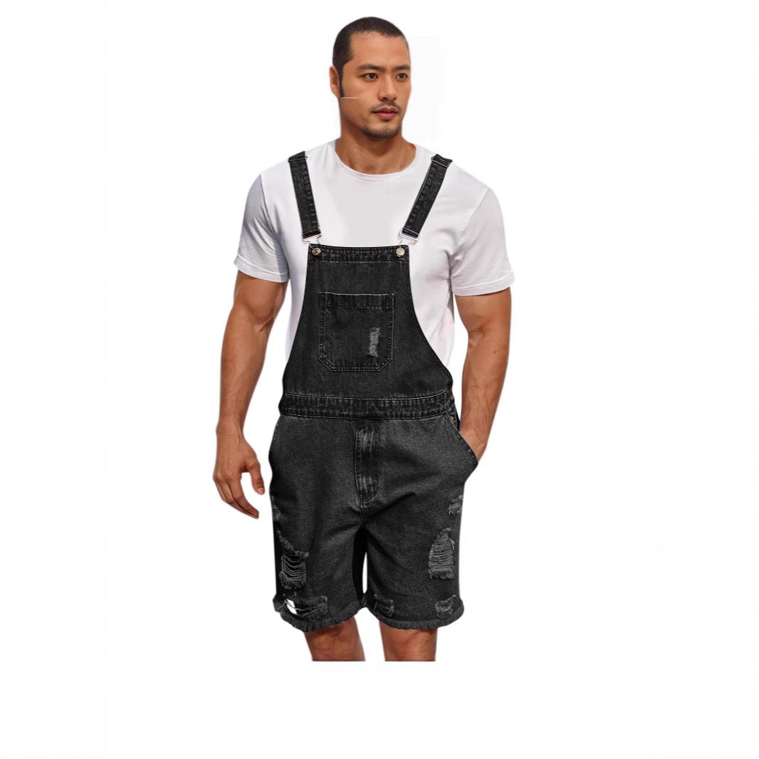 Ripped Leisure Men's Denim Suspender Shorts Jeans Men - kinko