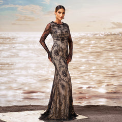 Long Sleeve Round Collar Gauze Sheath Fishtail Evening Dress - kinko