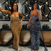 Sling Hot Drilling Foam Beads Evening Dress - kinko