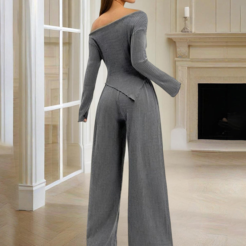 Women's Solid Color Off-Shoulder Long Sleeve Top & Pants Set - Elegant Asymmetrical Hem & Ruffes Cuff Casual Outfit - kinko