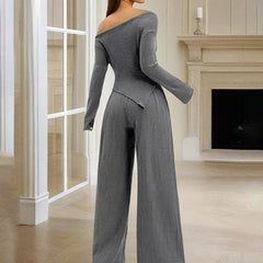 Women's Solid Color Off-Shoulder Long Sleeve Top & Pants Set - Elegant Asymmetrical Hem & Ruffes Cuff Casual Outfit - kinko
