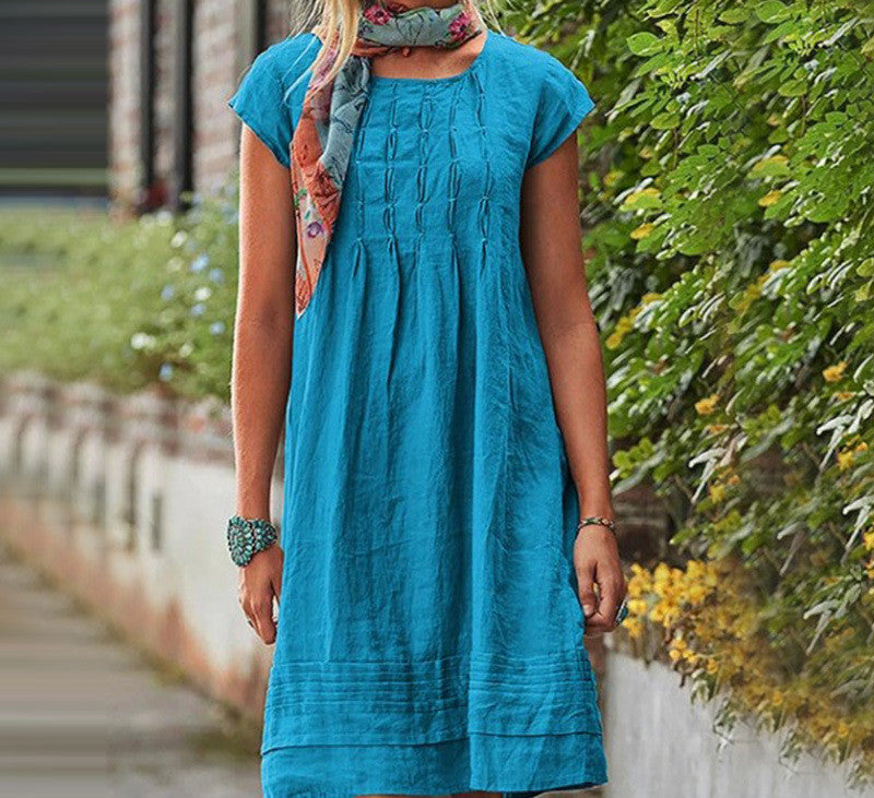 Fashion U-neck Short Sleeve Dress Summer Solid Straight Dresses Womens Clothing - kinko