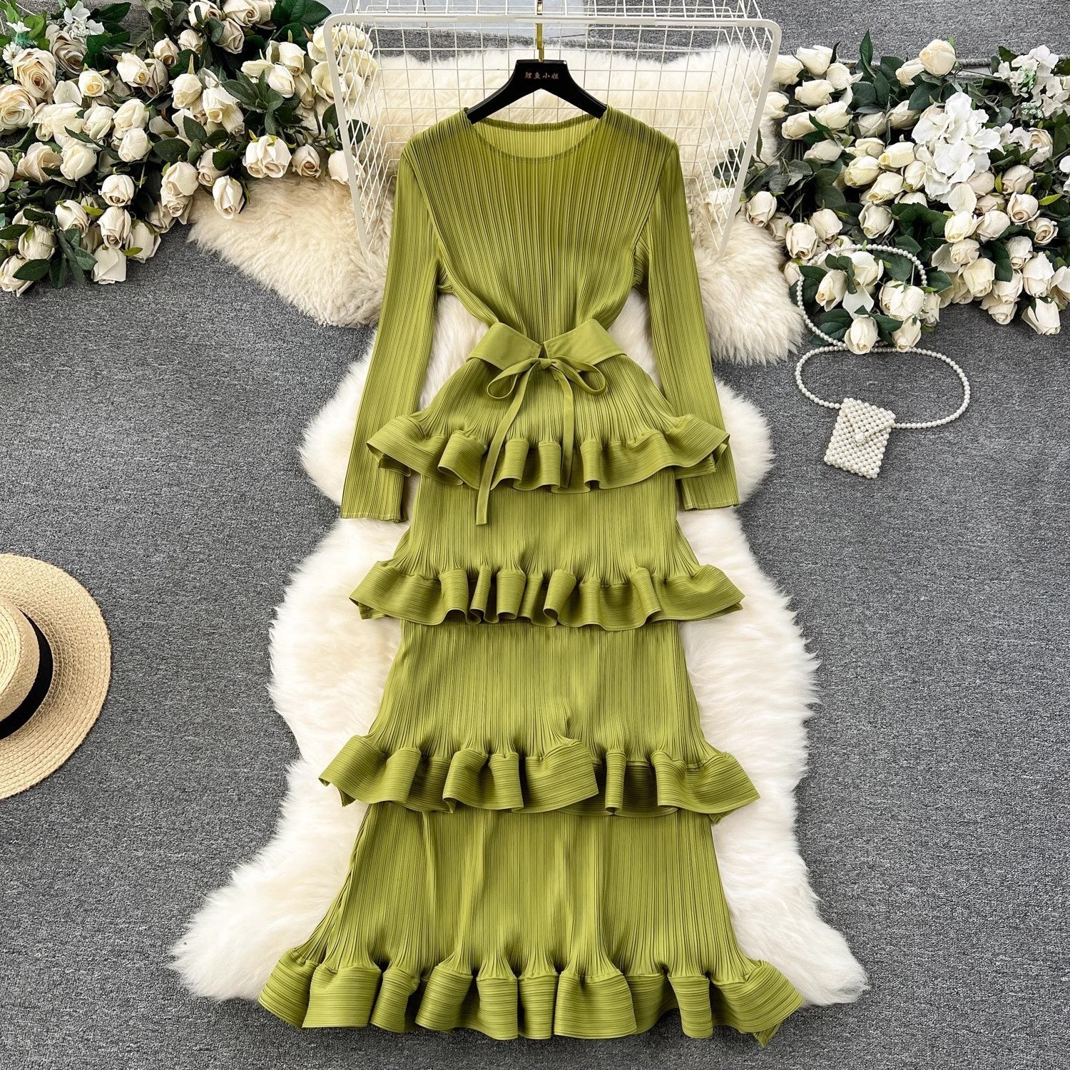 Cake Heavy Industry Pleated Slim Long Dress - kinko