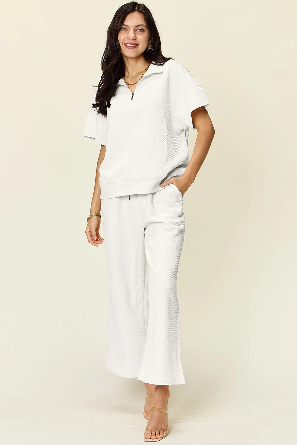 Double Take Full Size Texture Half Zip Short Sleeve Top and Pants Set - kinko