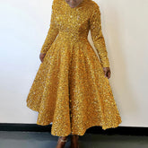 Women's Round Neck Long Sleeve Pure Color Sequins Mid-length Formal Dress - kinko