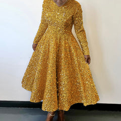 Women's Round Neck Long Sleeve Pure Color Sequins Mid-length Formal Dress - kinko