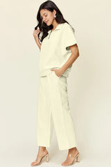 Double Take Full Size Texture Half Zip Short Sleeve Top and Pants Set - kinko