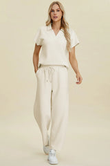 Double Take Full Size Collared Neck Short Sleeve Top and Pants Set - kinko