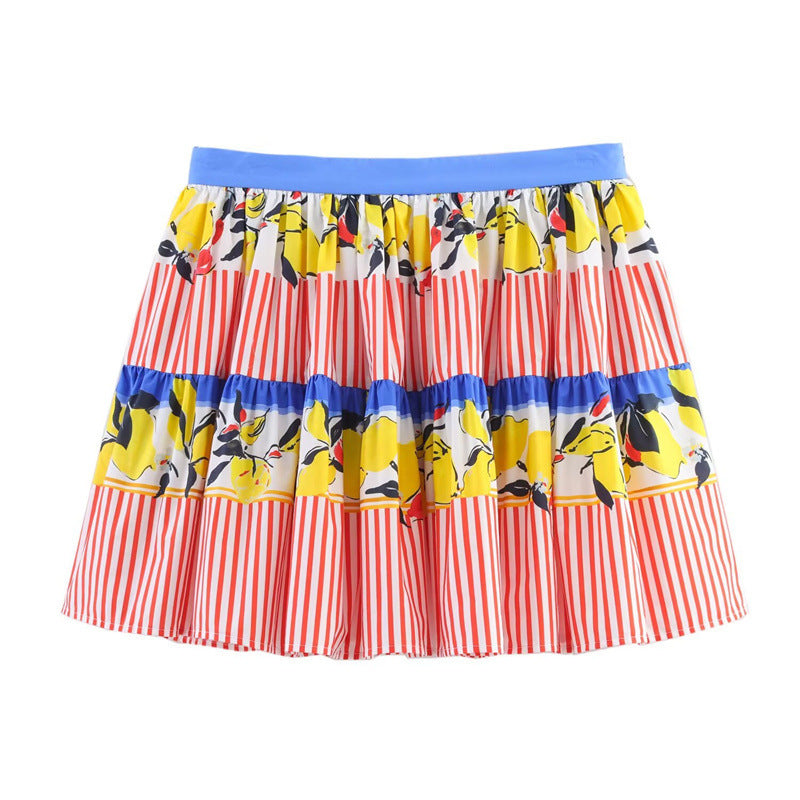 New Summer Contrast Color Lemon Printing Skirt - kinko