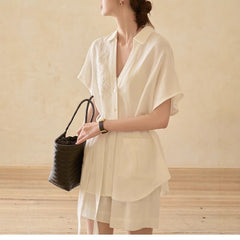 Imitation Cotton And Linen Texture Heavy Industry Short Sleeve Shirt Coat Shorts Suit - kinko