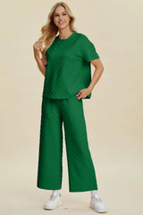 Double Take Full Size Texture Round Neck Short Sleeve Top and Pants Set - kinko