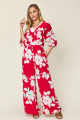 Double Take Full Size Printed Tie Back Wide Leg Jumpsuit - kinko