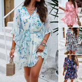 Summer Floral Print Short Sleeves Dress Lace Up Ruffles Design Fashion V-neck Short Dresses Womens Clothing - kinko