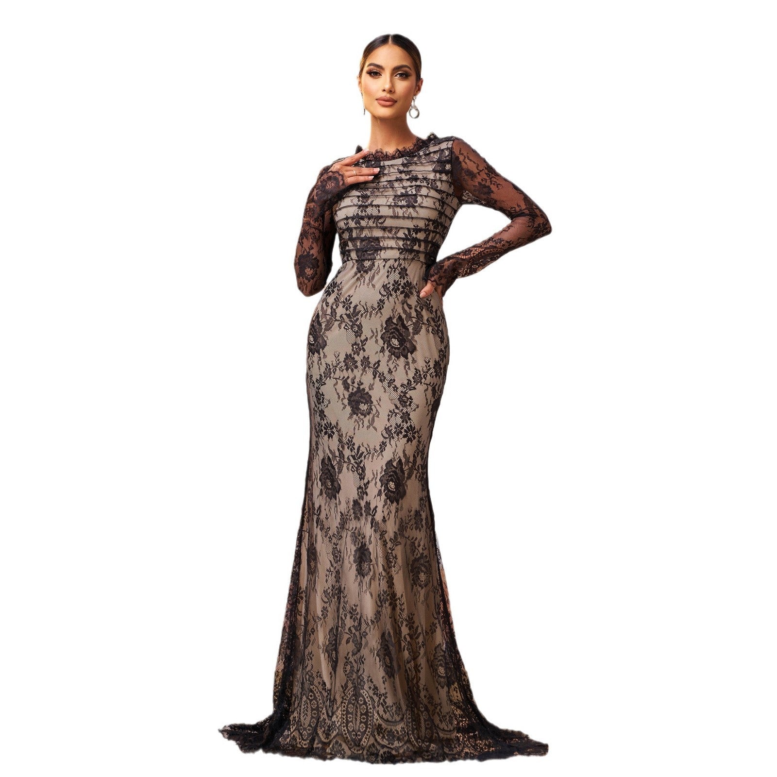 Long Sleeve Round Collar Gauze Sheath Fishtail Evening Dress - kinko