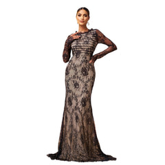 Long Sleeve Round Collar Gauze Sheath Fishtail Evening Dress - kinko