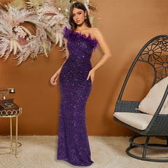 Black Paillette Feather Stitching Sequin Sexy Evening Dress Women - kinko