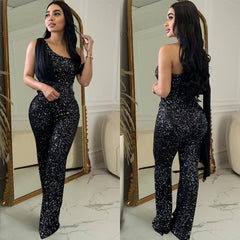Women's Solid Color Sleeveless One-shoulder Sequined Trousers Jumpsuit - kinko