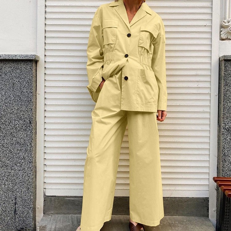 Lapel Long Sleeve Waist-controlled Top Wide Leg Pants Two-piece Set - kinko