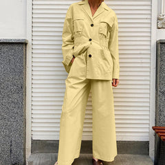 Lapel Long Sleeve Waist-controlled Top Wide Leg Pants Two-piece Set - kinko