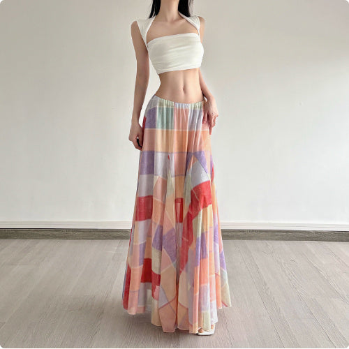 Colorful Flower Niche Artistic Colorblock Plaid Skirt - kinko