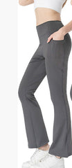 Ladies Mid Waist Abdominal-shaping Slimming Cropped Pants Casual Pocket Bootcut Trousers - kinko