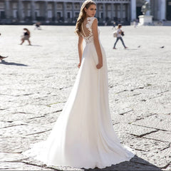 A Series Chiffon Wedding Dress V-neck Long Sleeve - kinko