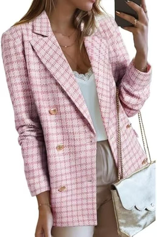 Women's Polyester Tweed Blazer With Fashion Casual Top Pockets - kinko