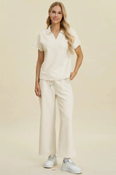 Double Take Full Size Collared Neck Short Sleeve Top and Pants Set - kinko