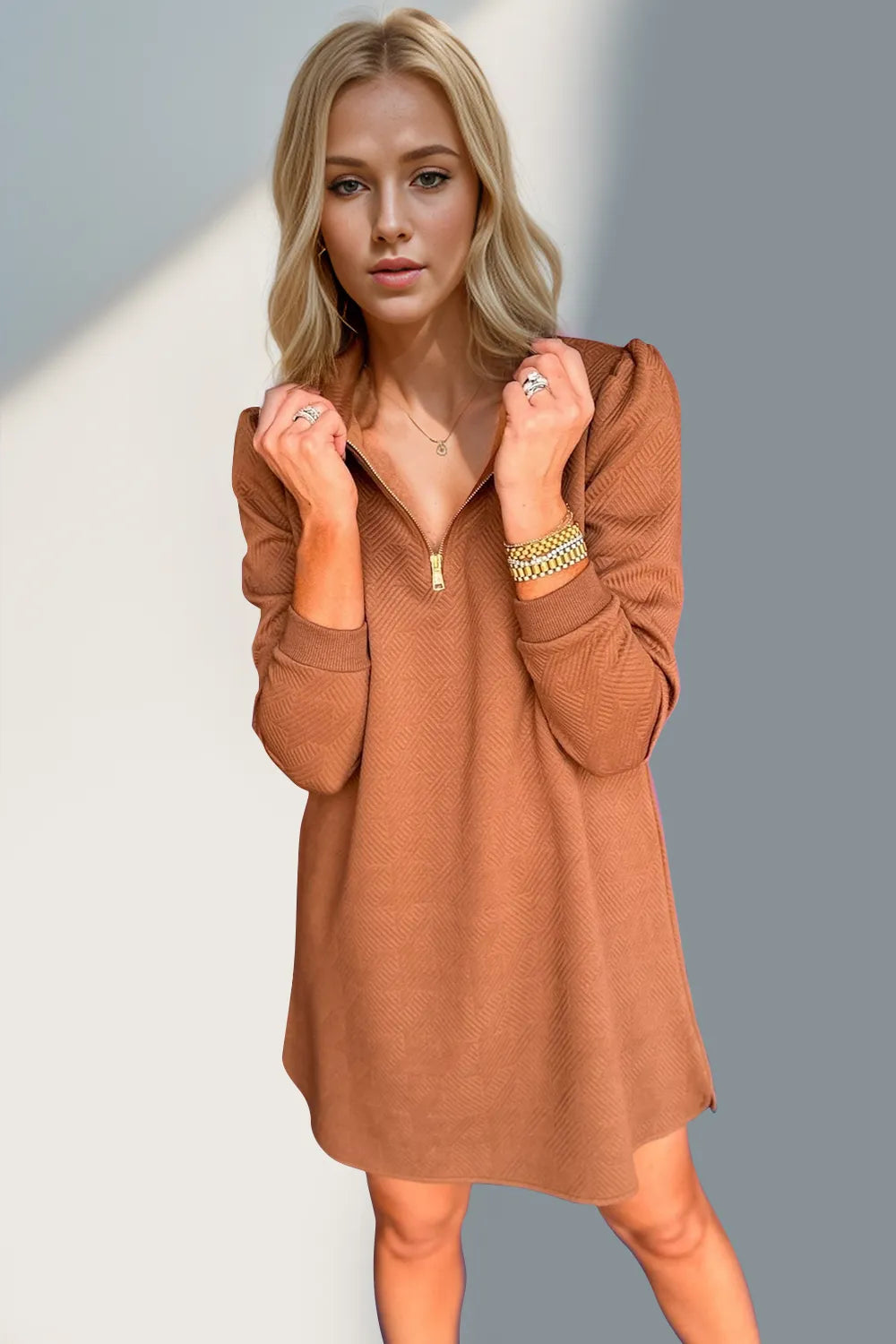 Double Take Textured Quarter Zip Long Sleeve Dress - kinko