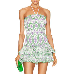 Y2K Tube Top Pleated Dress Ins Fashion Print A-line Short Dresses For Beach Party Clothing Women - kinko