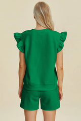 Double Take Full Size Texture Round Neck Ruffle Sleeve Top and Shorts Set - kinko
