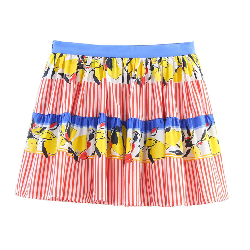 New Summer Contrast Color Lemon Printing Skirt - kinko