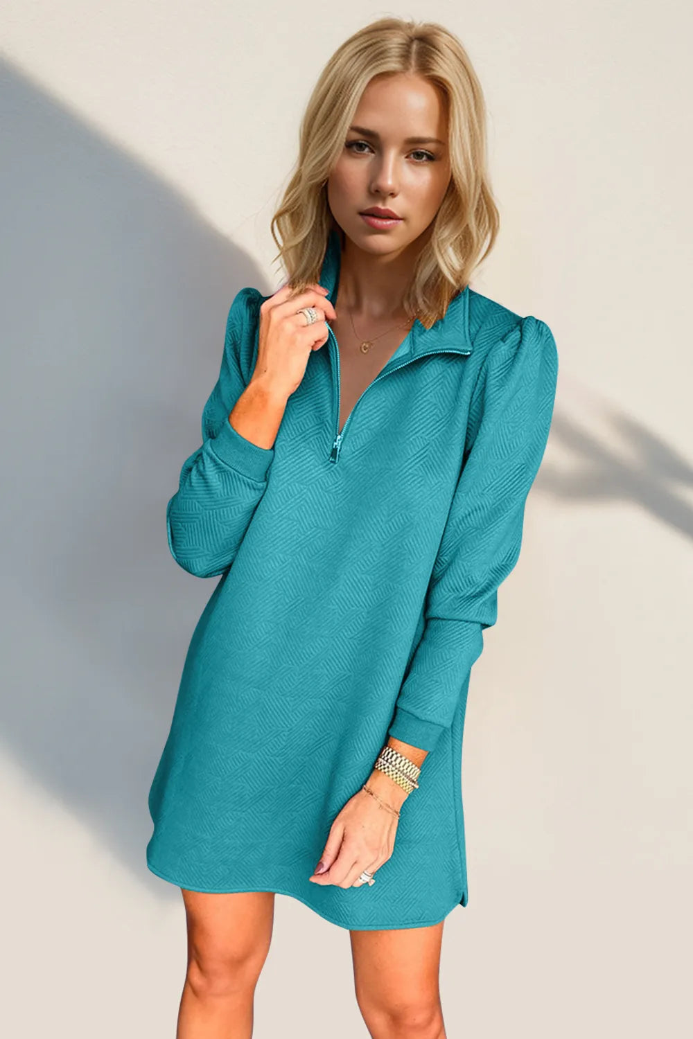 Double Take Textured Quarter Zip Long Sleeve Dress - kinko