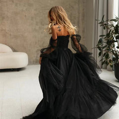 Women's Long Sleeve Transparent Lace Black Wedding Dress - kinko
