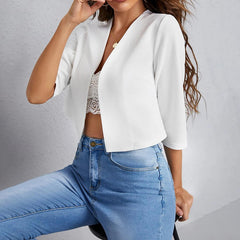 Women's Cropped Blazers Collarless 3 4 Sleeve Open Front Lightweight Cardigan Casual Work Office Suit Blazer Jackets