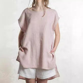 Round Neck Front Short Back Long Short Sleeve Top For Women - kinko