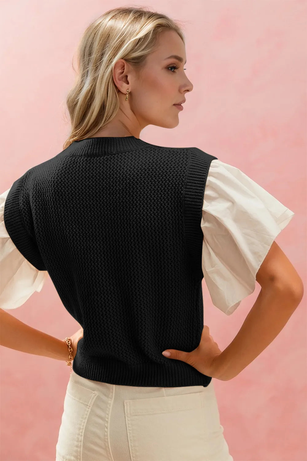 Oh Full Size Ruffled Round Neck Short Sleeve Sweater - kinko