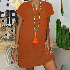 Womens Summer Casual Solid Color V Neck Short Sleeve Dresses Boho Beach Sundresses - kinko