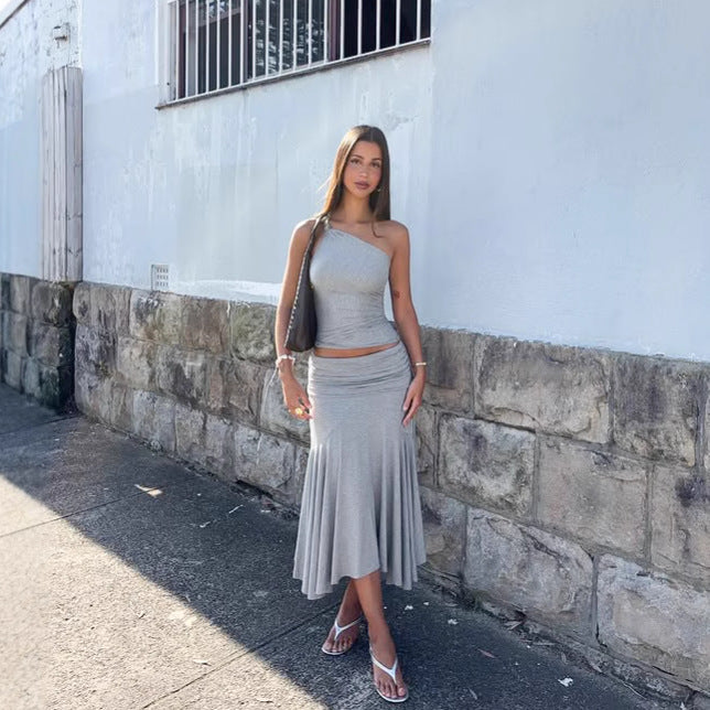 Ins Style Women's Solid Color Sleeveless Vest High Waist Skirt Two-piece Set - kinko