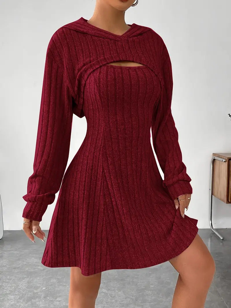 Women's Two-piece Set Dresses New Fashion Fall Winter Hooded Shawl Long-sleeved Vest Short Skirt - kinko
