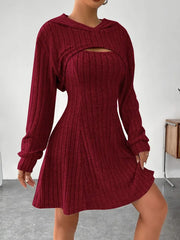 Women's Two-piece Set Dresses New Fashion Fall Winter Hooded Shawl Long-sleeved Vest Short Skirt - kinko
