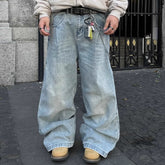 American-style Side Double-oblique Pleated Washed Wide-leg Jeans - kinko