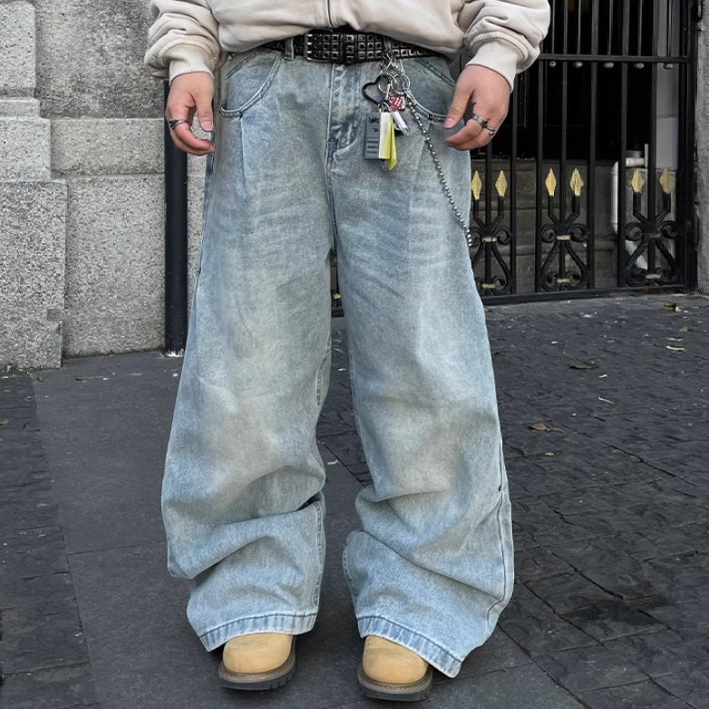 American-style Side Double-oblique Pleated Washed Wide-leg Jeans - kinko