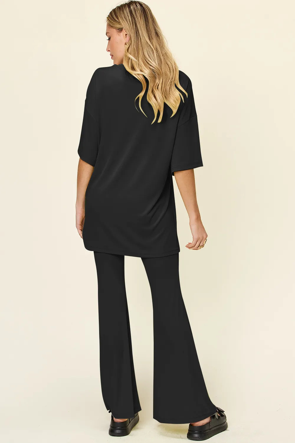 Double Take Full Size Round Neck Drop Shoulder T-Shirt and Flare Pants Set - kinko