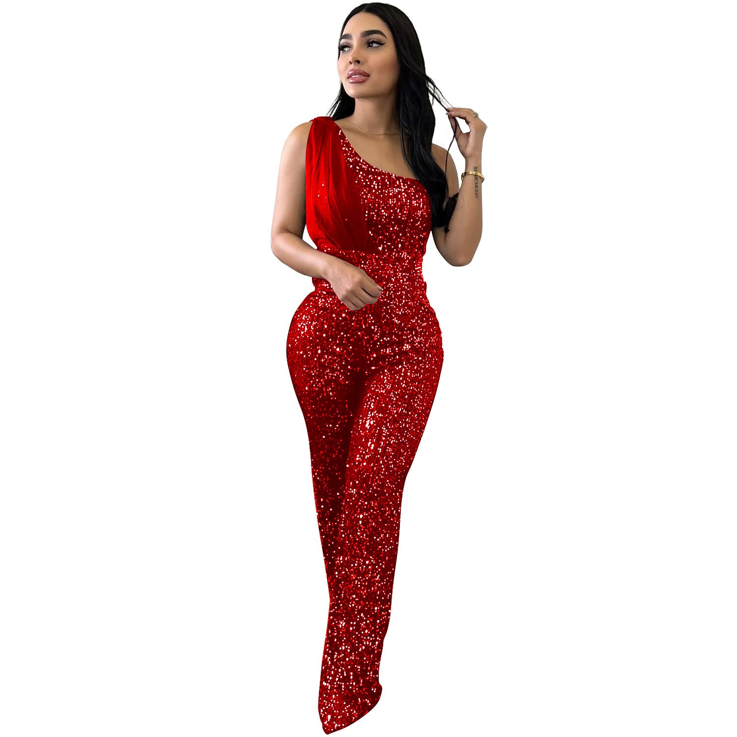 Women's Solid Color Sleeveless One-shoulder Sequined Trousers Jumpsuit - kinko