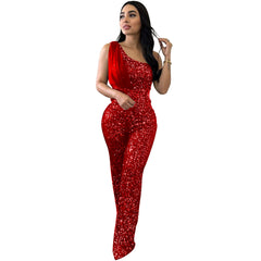 Women's Solid Color Sleeveless One-shoulder Sequined Trousers Jumpsuit - kinko